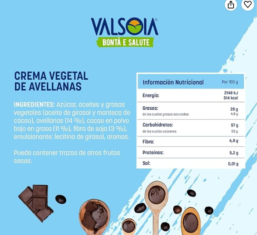 Crema Vegetal de Avellanas y Cacao 200 g Sin gluten - Valsoia